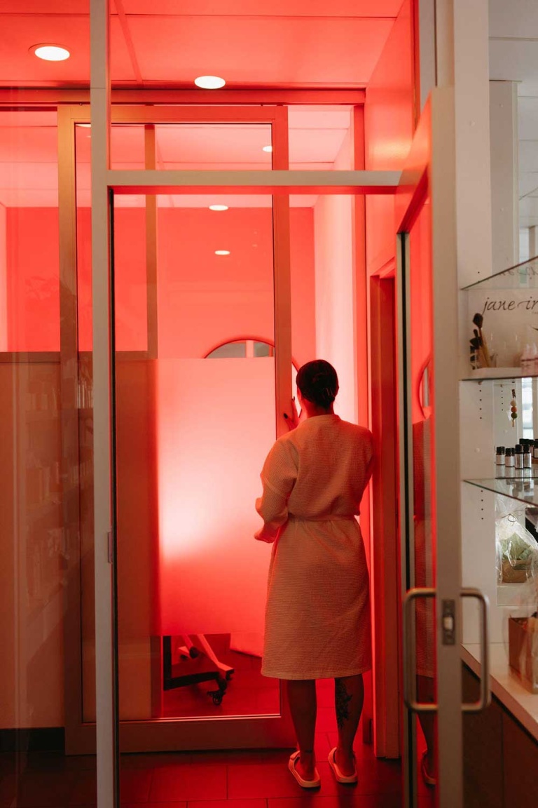 woman entering infrared sauna